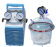 Micro-Tec PD150 polycarbonate desiccator, Ø 150mm set, complete with Micro-Tec MP850SC diaphragm pump and connection hose, 230V / 50Hz