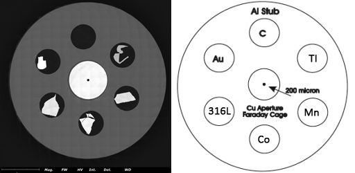 EM-Tec CXS-6EC EDS calibration standard,  6 materials (C, Ti, Mn, Co, Au and 316L) plus Cu F/C on pin stub