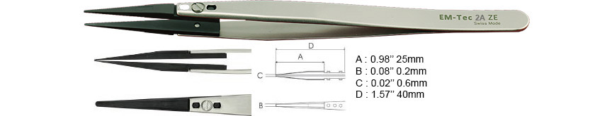 EM-Tec 2A.ZE Pinzette mit ESD-sicheren, wechselbaren Keramikspitzen, flache, gerundete Spitzen