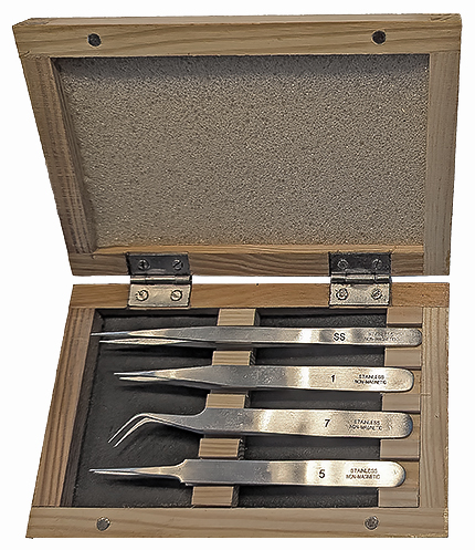 Value-Tec set of 4 general purpose tweezers, includes style 3, 5, 7 and SS non-magnetic stainless steel in a wooden box