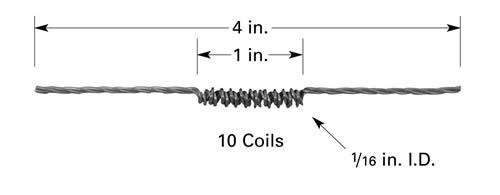 Evaporation filament F1 with 10 x Ø1.6mm ID coils, 100mm long, tungsten 