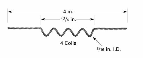 Evaporation filament F2 with 4 x Ø4.8mm ID coils, 100mm long, tungsten