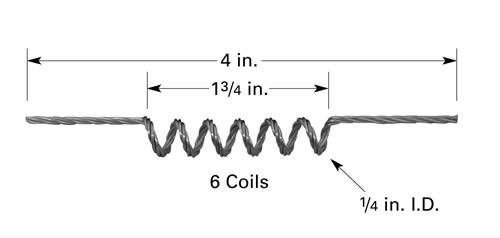 Evaporation filament F4 with 6 x Ø6.4mm ID coils, 100mm long, tungsten 