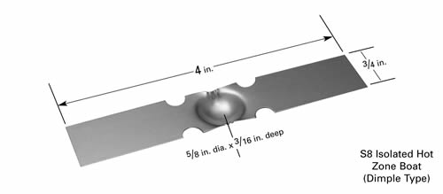 Evaporation boat S8B with Ø16x4.8mm dimple, 102mm L x 19mm W